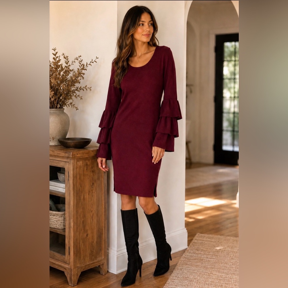 Kensie Burgundy Tiered-Ruffle Long Sleeve Sweater Dress